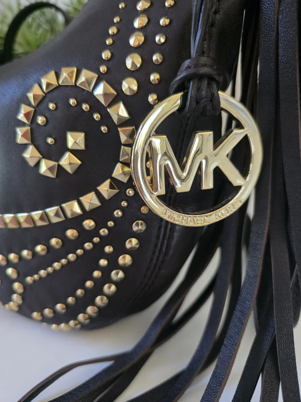 Michael Kors Rhea Studded  Shoulder/Crossbody Dark Chocolate Leather Fringe-New